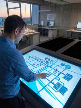 Architect analyzing urban infrastructure layout on a large interactive touch screen desk representing smart city planning