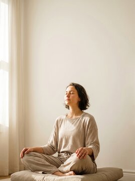 Young woman meditating in lotus position full shot illustrating mindfulness stress relief mental health and wellness