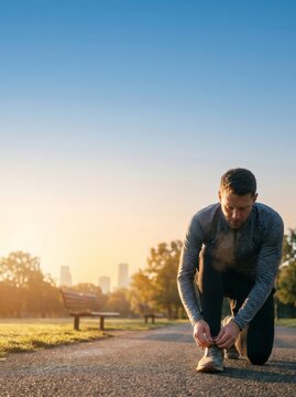 Man tying running shoe in park full shot representing preparation commitment and healthy morning routine lifestyle