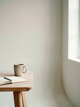 Ceramic coffee mug and open notebook on wooden table close up representing morning routine productivity creative writing and minimal workspace