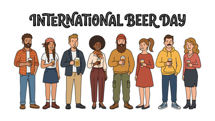 International Beer Day Celebration: A diverse group of happy people, each holding a beer, stands together to celebrate International Beer Day, symbolizing unity and enjoyment. © Rokaiya
