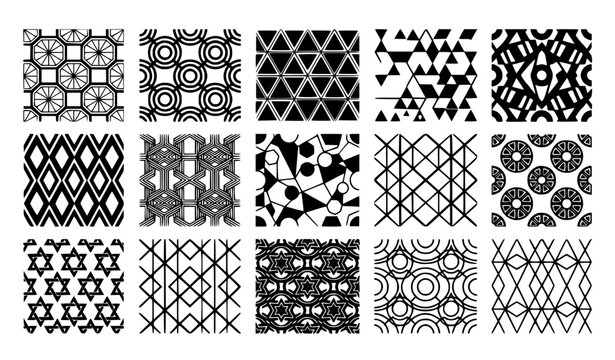 Geometric Seamless Pattern Collection Featuring Abstract Line Art Triangles Circles Rhombus and Tribal Mosaic Elements Silhouette Vector Set for Modern Texture Designs