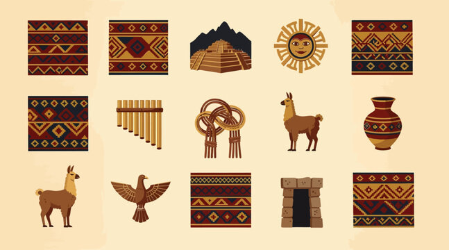 Peruvian Inca Icons: Machu Picchu, Llama, Sun, Pottery, Textiles