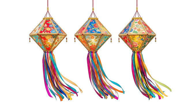 Three colorful traditional vietnamese silk lanterns with floral patterns and ribbons isolated on transparent background