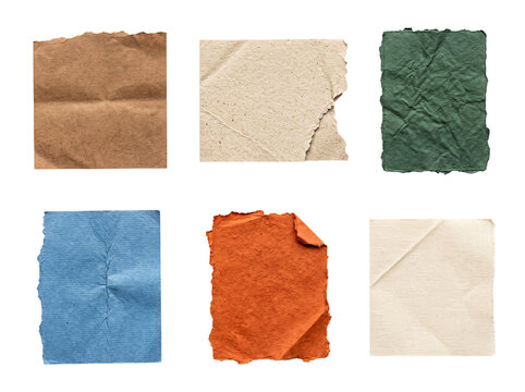 Diverse collection of textured paper pieces, each with unique patterns and torn edges.