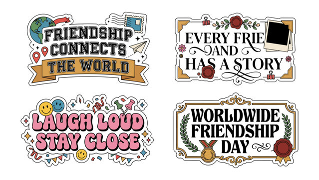 Friendship Day Sticker Collection: A vibrant assortment of four stickers celebrating friendship, featuring inspiring quotes like Friendship Connects the World, Every Friend Has a Story.