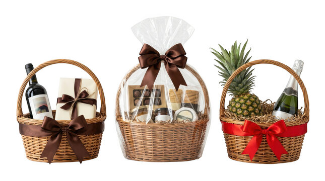 Three gift baskets with wine, champagne, pineapple, chocolates and snacks isolated on transparent background