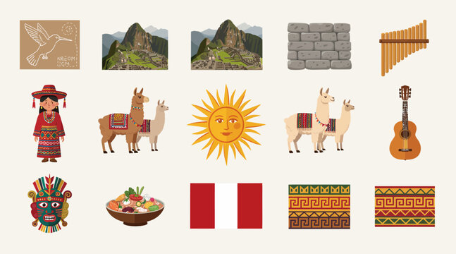 Peruvian Culture Icons: Machu Picchu, Llama, Sun, Flag, Food, Music