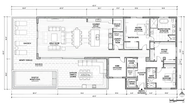 Architectural floor plan of a luxury apartment unit with swimming pool and terrace