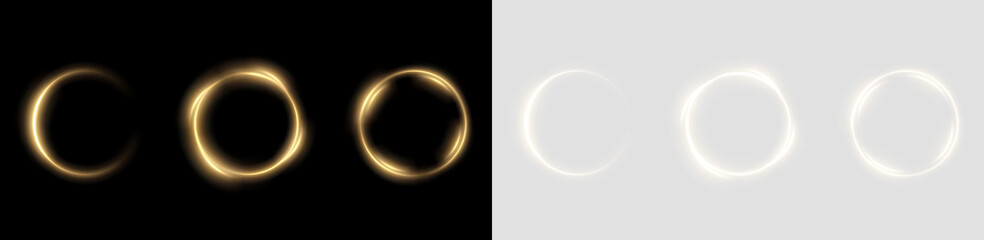 Naklejka premium Festive sparkling frame, circle, ring png. Festive circle, ring, frame, for cards, invitations, banners, adverts. Neon frame, set of geometric frames. Vector png background with gold glowing lines. 