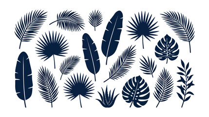 Tropical leaves vector collection, dark blue exotic foliage silhouettes, botanical palm leaf illustrations for summer designs, jungle plant elements, and floral patterns © Syed Awais