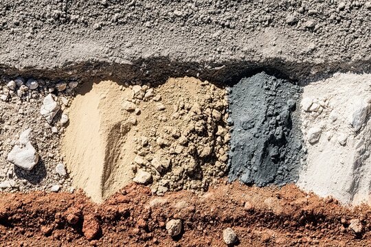 Diverse Layers of Gravel, Sand, and Soil Textures Showing Construction Materials