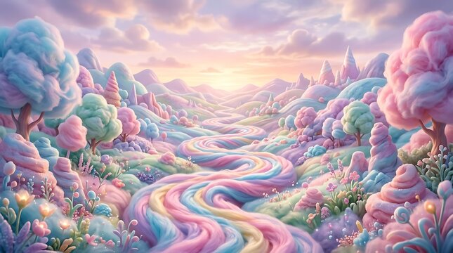 Whimsical pastel candy landscape with winding road and soft trees