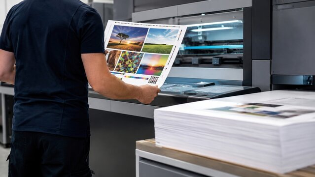 Technician Reviewing Fresh Print Proof At Digital Press