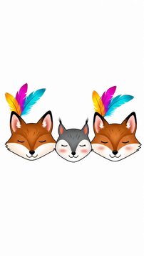 Three stylized fox heads with colorful feathers.