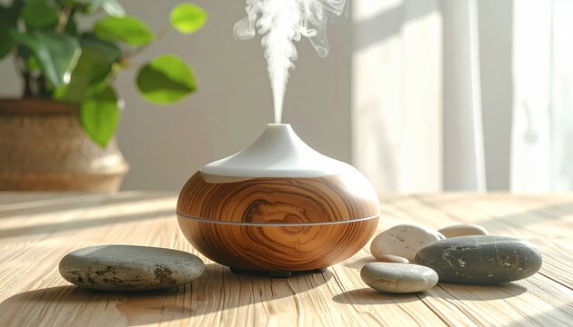 Aromatherapy essential oil diffuser on wooden table.