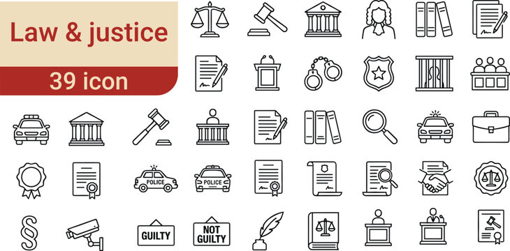 Collection of 39 outline icons representing law and justice concepts such as court, police, documents, and crime.