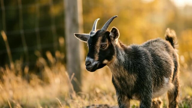 american pygmy goat on farm pasture in vermont usa golden light close up video
