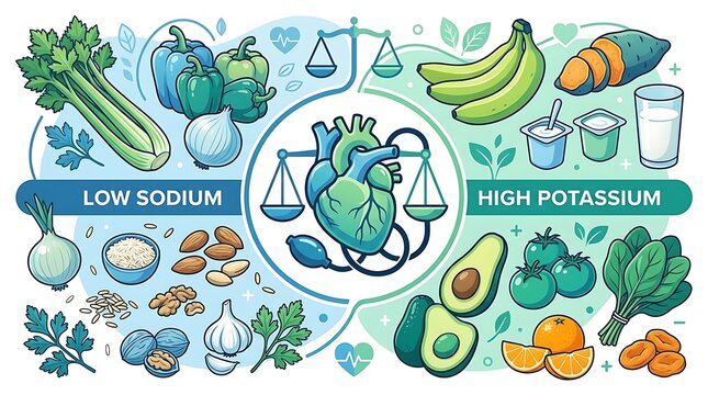 Healthy heart diet infographic with low sodium and high potassium foods