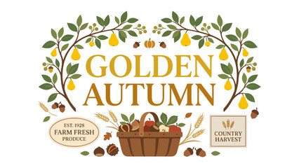 Golden Autumn Harvest Graphic: A charming illustration celebrating the abundance of autumn with a basket of fresh produce, pears on branches, and elements like pumpkins and acorns. © Nusaybah