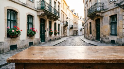 Fototapeta premium Wooden Table Top on Cobblestone Street with European Buildings for Product Display