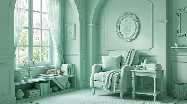 Elegant monochromatic mint green living room interior with armchair
