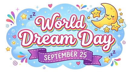Fototapeta premium Vibrant graphic design featuring whimsical clouds, a crescent moon, and playful text celebrating a special date. world Dream Day sept 25