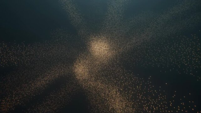 Golden glowing particles illuminate a dark background creating a serene cosmic inspired constellation pattern.