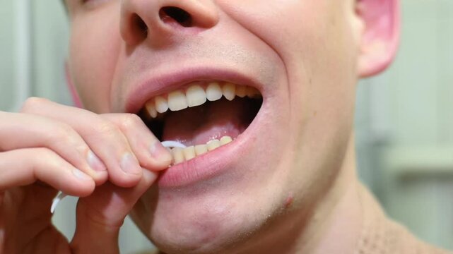 Young man carefully flossing his lower teeth with white dental floss in close up view