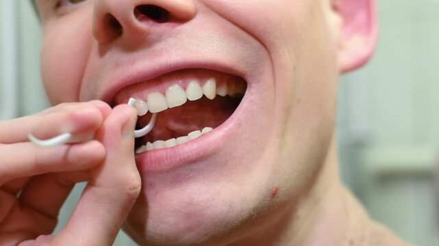 Young man carefully flossing his lower teeth with white dental floss in close up view