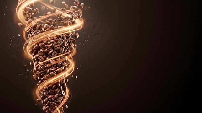 A dynamic vortex of premium roasted coffee beans swirls upwards with glowing golden light streaks against a dark background with copy space.