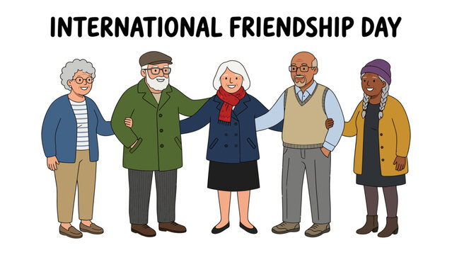 Five Elders Celebrating International Friendship Day: A diverse group of five elderly friends, arms linked in a show of solidarity, stand together to celebrate International Friendship Day.
