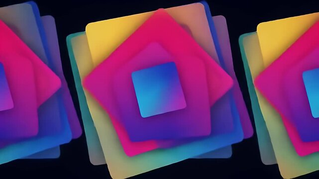 A vibrant abstract background features overlapping diamond shapes in a gradient of bright colors.