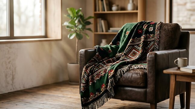 Cozy leather armchair with a decorative patterned throw blanket