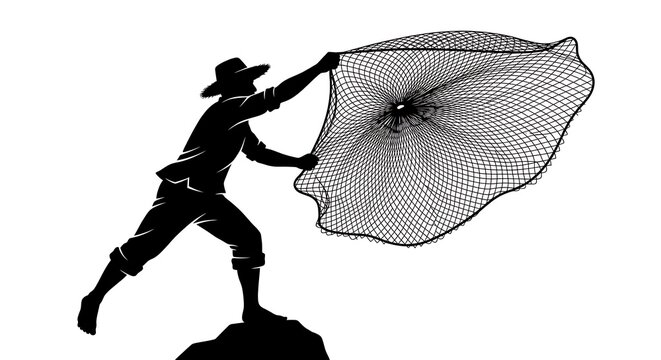 Fisherman silhouette casting net from shore