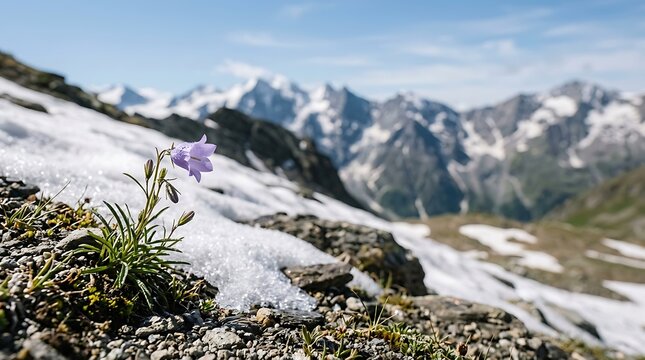 Wild bellflower growing on a rocky mountain slope with snow