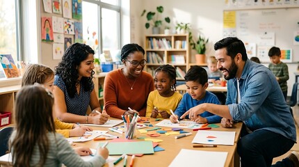 Fototapeta premium Diverse teachers and elementary students working on art in classroom