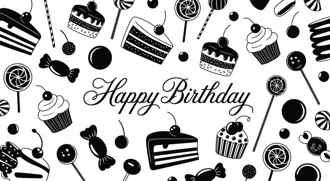 Black and white birthday treats seamless pattern with cupcakes candy and dessert icons for party wrapping paper and festive decorative design
