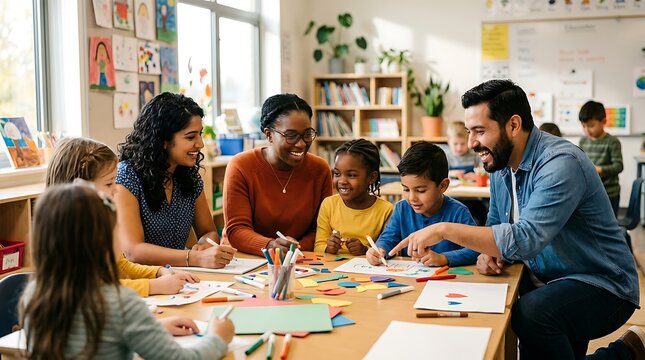 Diverse teachers and elementary students working on art in classroom