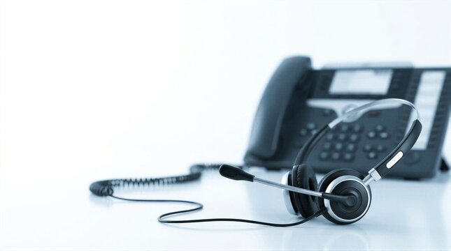 Professional headset and blurred IP telephone on modern office desk for customer service support.