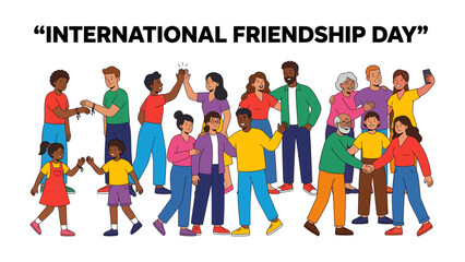 Obraz premium International Friendship Day Celebration: A diverse group of people of all ages and ethnicities celebrates International Friendship Day, sharing smiles and high-fives.
