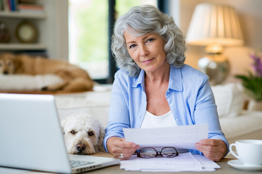 Senior woman with gray hair sitting at a desk, reviewing documents with a laptop and a dog beside her in a cozy home office setting