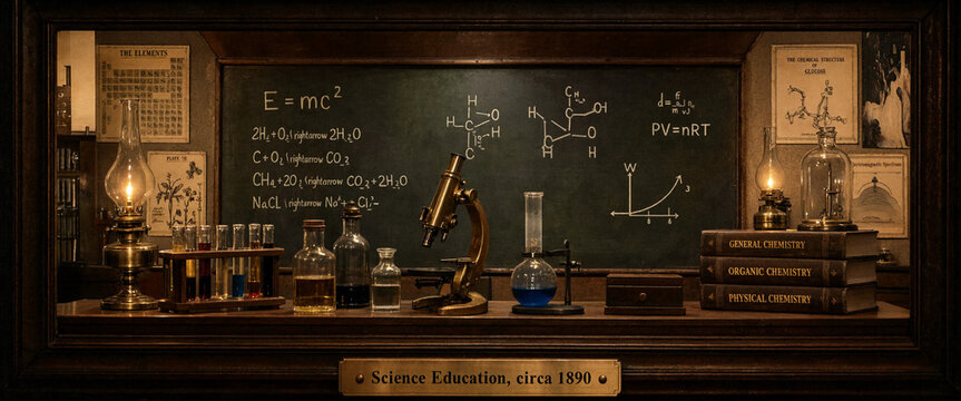Vintage laboratory setup with chalkboard formulas and scientific equipment illuminated by gas lamps