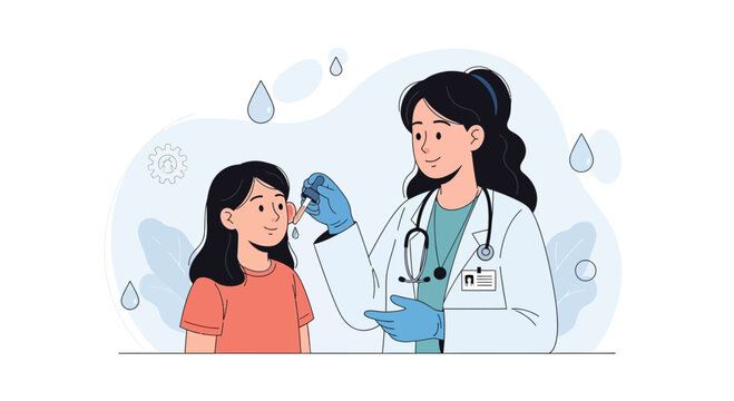 Doctor administering ear drops to a young girl, illustration of pediatric healthcare and medical treatment