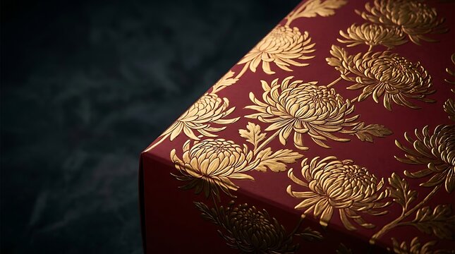 Luxury red gift box featuring golden chrysanthemum floral pattern