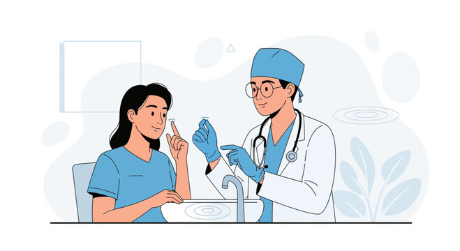 Doctor demonstrates contact lens insertion to patient, modern flat illustration style