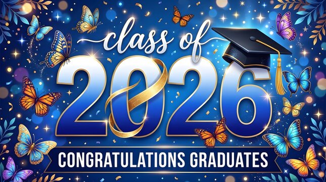 Class of 2026 congratulations graduates banner with butterflies and graduation cap