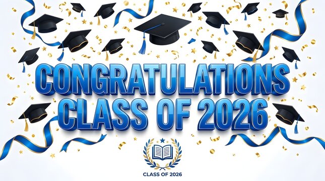 Congratulations class of 2026 banner with blue 3d text, graduation caps, ribbons, and gold confetti