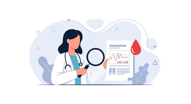 Doctor examining lab results with magnifying glass, medical analysis and blood test concept