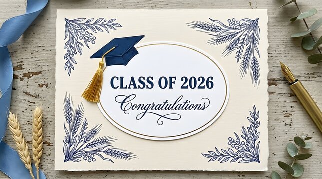 Graduation announcement card for class of 2026 with blue floral illustrations and a mortarboard cap on a rustic wooden table background